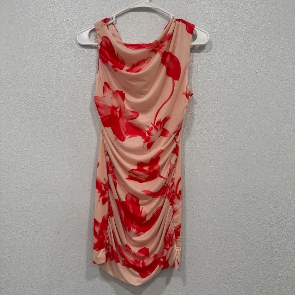 SHEIN Women Large Peach Red Floral Cowl Neck Ruched Mesh Mini Bodycon Dress - Picture 5 of 6